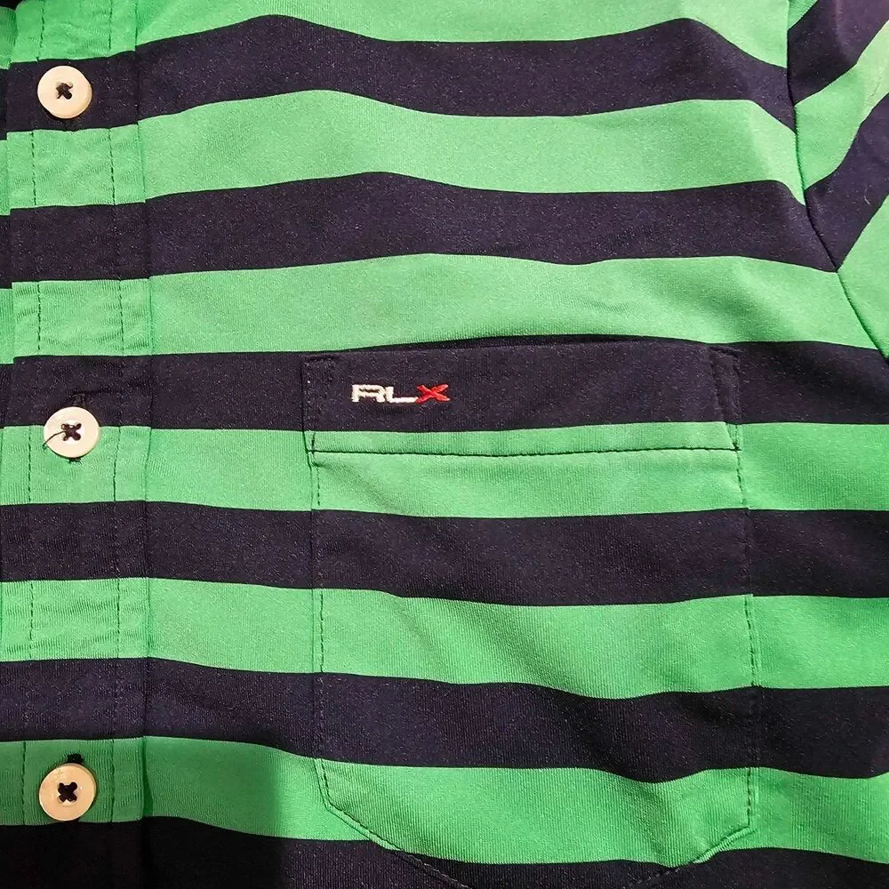 RLX Ralph Lauren Men's S Golf Polo Shirt Green Navy Stripe Performance Stretch